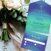 Tropical Palm Mute Blue Green Beach Hochzeit All In One Einladung