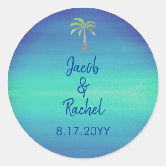 Tropical Palm Mute Blue Green Beach Hochzeit Runder Aufkleber (Vorderseite)