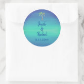Tropical Palm Mute Blue Green Beach Hochzeit Runder Aufkleber (Tasche)