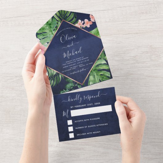 Tropical Palm Navy Blue Rose Gold Wedding RSVP All In One Einladung (Abreißen)
