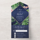 Tropical Palm Navy Blue Rose Gold Wedding RSVP All In One Einladung (Innen Boden)