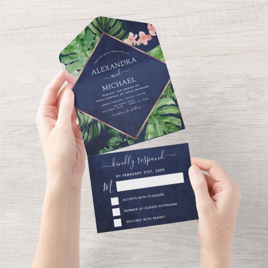 Tropical Palm Navy Blue Rose Gold Wedding RSVP All In One Einladung (Abreißen)