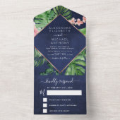 Tropical Palm Navy Blue Rose Gold Wedding RSVP All In One Einladung (Innen Boden)