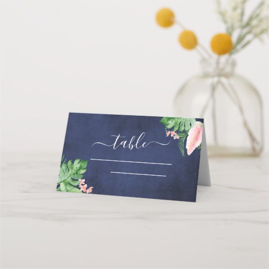 Tropical Palm Navy Blue Wedding Platzkarte (Vorderseite)