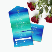 Tropical Palm Neon Blue Green Beach Hochzeit All In One Einladung