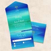 Tropical Palm Neon Blue Green Beach Hochzeit All In One Einladung