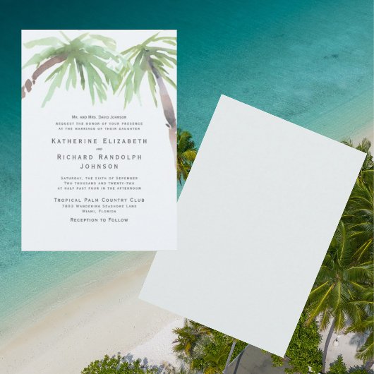 Tropical Palm One Place Seafoam Hochzeit Einladung