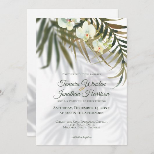 Tropical Palm & Orchid Shadows Beach Wedding Invit Einladung (Vorne/Hinten)