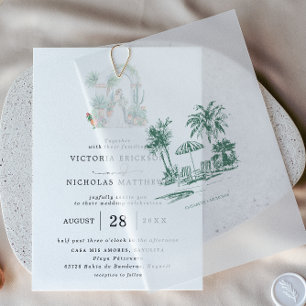 Tropical Palm Overlay Hochzeit in Urlaubsort Pergament Einladungen