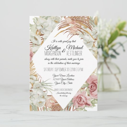 Tropical Palm Pampas Gras Grüne Blush Bloral Einladung (Stehend Vorderseite)