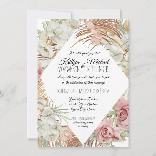 Tropical Palm Pampas Gras Grüne Blush Bloral Einladung (Vorderseite)