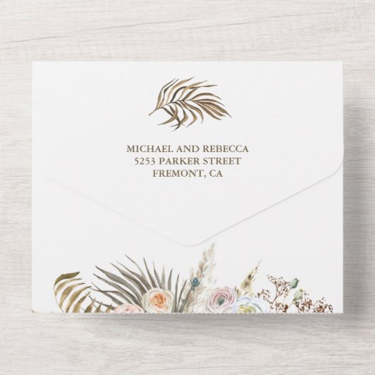 Tropical Palm Pampas Grass Schwarze Hochzeit All In One Einladung (Rückseite)