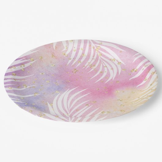 Tropical Palm Pastel Rainbow Pool Party Pappteller (Schrägansicht)