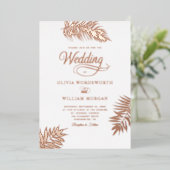 Tropical Palm Rose Gold Foil Foto Hochzeit Folieneinladung (Stehend vorne)