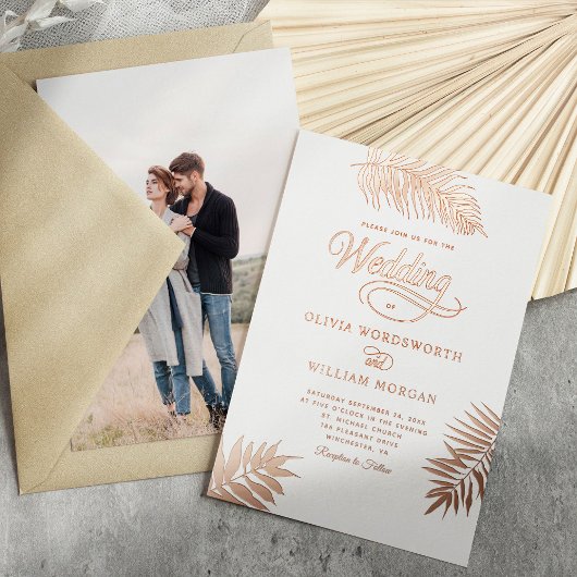 Tropical Palm Rose Gold Foil Foto Hochzeit Folieneinladung