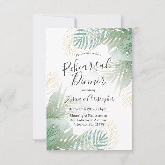 Tropical Palm Sage Green Hochzeit Probe Dinner Einladung (Vorderseite)