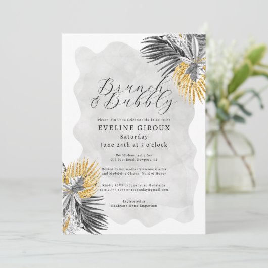 Tropical Palm Schwarz-weiß Gold Brunch Bubbly Einladung (Stehend Vorderseite)