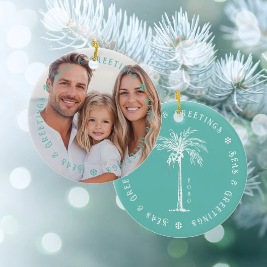 Tropical Palm Seas & Greetings Christmas Photo Keramik Ornament