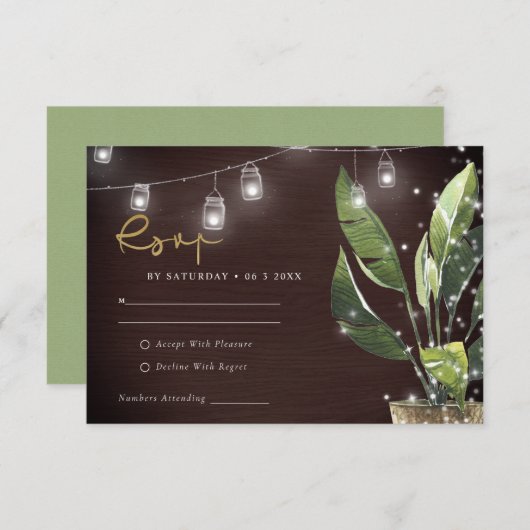 TROPICAL PALM STARRY NIGHT MASON JAR WEDD RSVP BEGLEITKARTE (Vorne/Hinten)