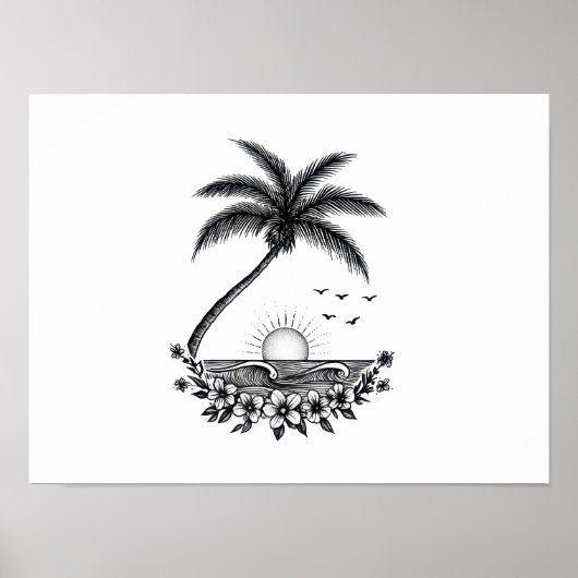 Tropical Palm Sunset – Minimalist Beach Line Art  Poster (Vorne)