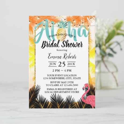 Tropical Palm Tree Aloha Ananas Brautparty Einladung (Stehend Vorderseite)