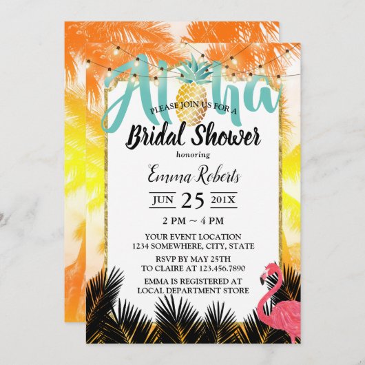 Tropical Palm Tree Aloha Ananas Brautparty Einladung (Vorne/Hinten)