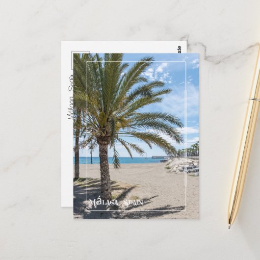 Tropical Palm Tree am Strand von Málaga Postkarte (Vorderseite/Rückseite Beispiel)