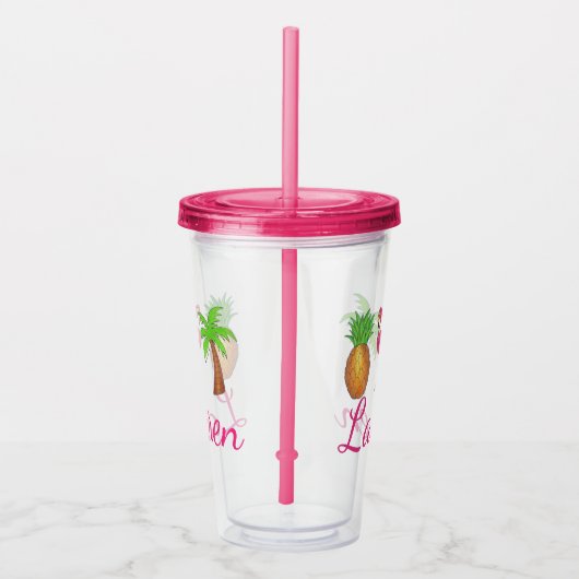 Tropical Palm Tree Ananas Pink Flamingo Acryltrinkbecher (Rechts)
