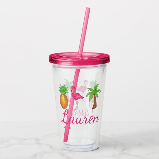 Tropical Palm Tree Ananas Pink Flamingo Acryltrinkbecher (Rückseite)