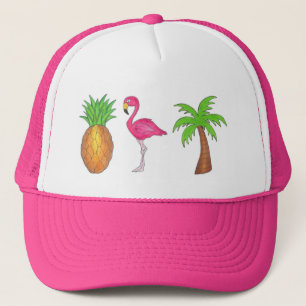 Tropical Palm Tree Ananas Pink Flamingo Bird Truckerkappe