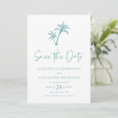 Tropical Palm Tree Aqua Blue Beach Hochzeit Save The Date (Stehend Vorderseite)