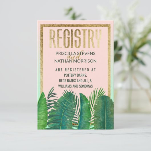 Tropical Palm Tree Banana Leaf Gold Gift Registry Begleitkarte (Stehend Vorderseite)
