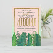 Tropical Palm Tree Banana Leaf Gold Hochzeit Einladung (Stehend Vorderseite)