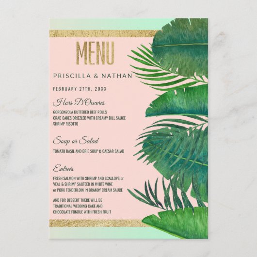 Tropical Palm Tree Banana Leaf Gold Hochzeit Menükarte (Vorderseite)