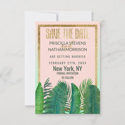 Tropical Palm Tree Banana Leaf Gold Hochzeit Save The Date (Vorderseite)