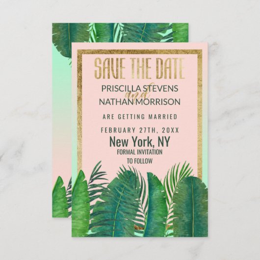Tropical Palm Tree Banana Leaf Gold Hochzeit Save The Date (Vorne/Hinten)