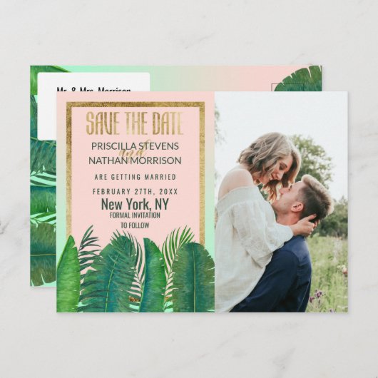 Tropical Palm Tree Banana Leaf Gold Save the Date Postkarte (Vorne/Hinten)