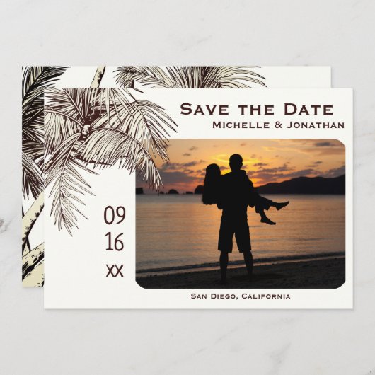 Tropical Palm Tree Beach Foto Hochzeit Save The Date (Vorne/Hinten)