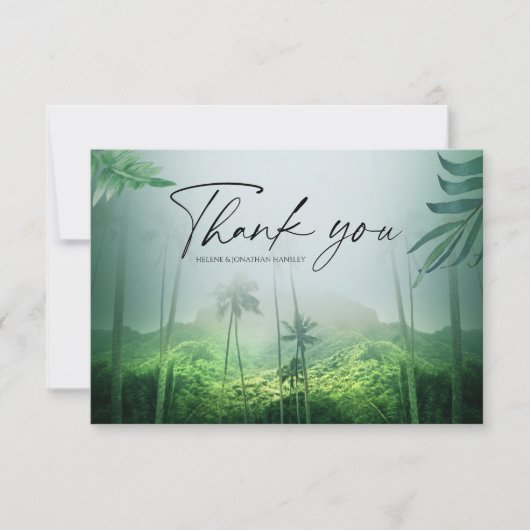 Tropical Palm Tree Beach Green Hochzeit in Urlaubs Dankeskarte (Vorderseite)