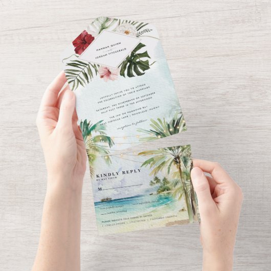 Tropical Palm Tree Beach Hochzeit All In One Einladung (Abreißtisch)