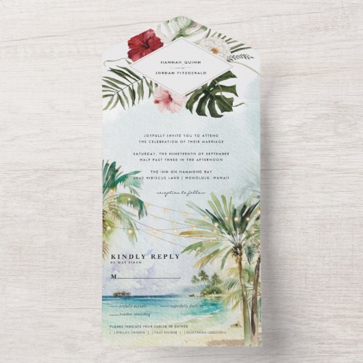 Tropical Palm Tree Beach Hochzeit All In One Einladung (Innen)