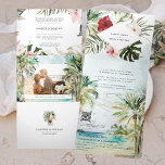 Tropical Palm Tree Beach Hochzeit Dreifach Gefaltete Einladung<br><div class="desc">Das exotische Aquarell-Grün und die Blume vor einem sanften Hintergrund im Ozean. Set den Ton für ein aufregendes Hochzeitswochenende mit einer maßgeschneiderten Einladung. Diese "geräumige" Einladung ist eine gute Möglichkeit, Ihren Gästen zusätzliche Informationen über die Hochzeit zu geben. Auf diesen Karten können Sie die Festlichkeiten rund um Ihr Hochzeitswochenende auflisten,...</div>