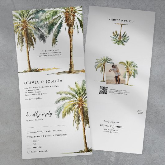Tropical Palm Tree Beach Hochzeit Dreifach Gefaltete Einladung