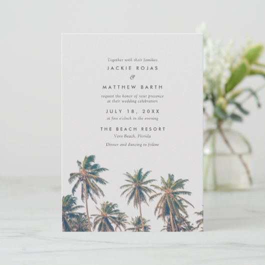 Tropical Palm Tree Beach Hochzeit Einladung (Stehend Vorderseite)