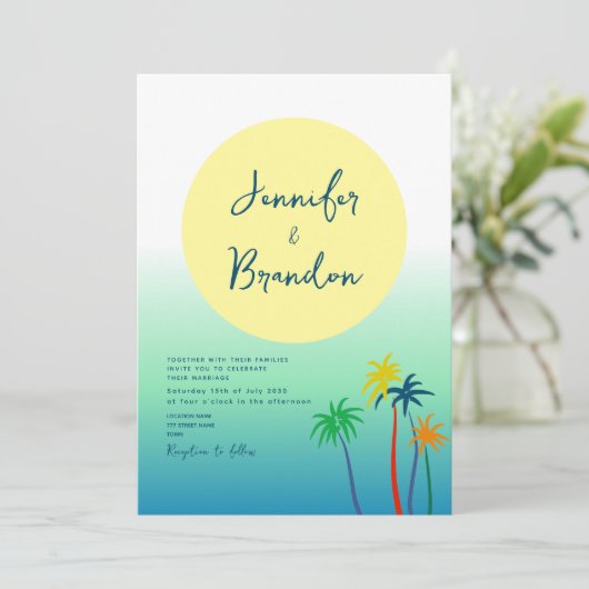 Tropical Palm Tree Beach Hochzeit Einladung (Stehend Vorderseite)