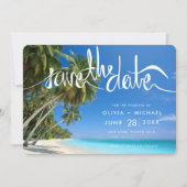 Tropical Palm Tree Beach Hochzeit in Urlaubsort Fo Save The Date (Vorderseite)