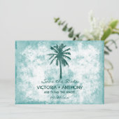 Tropical Palm Tree Beach Hochzeit Save the Date (Stehend Vorderseite)
