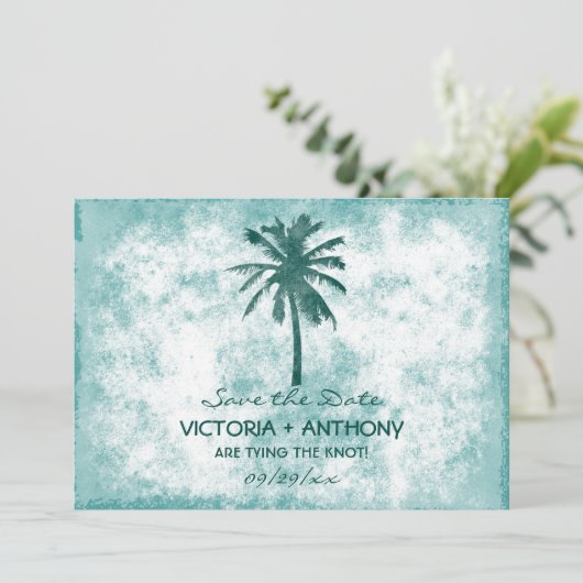 Tropical Palm Tree Beach Hochzeit Save the Date (Stehend Vorderseite)