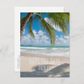 Tropical Palm Tree Beach Hochzeit Save the Date Ankündigungspostkarte (Vorne/Hinten)