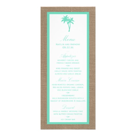 Tropical Palm Tree Beach Hochzeitsmenü Werbekarte (Vorne)
